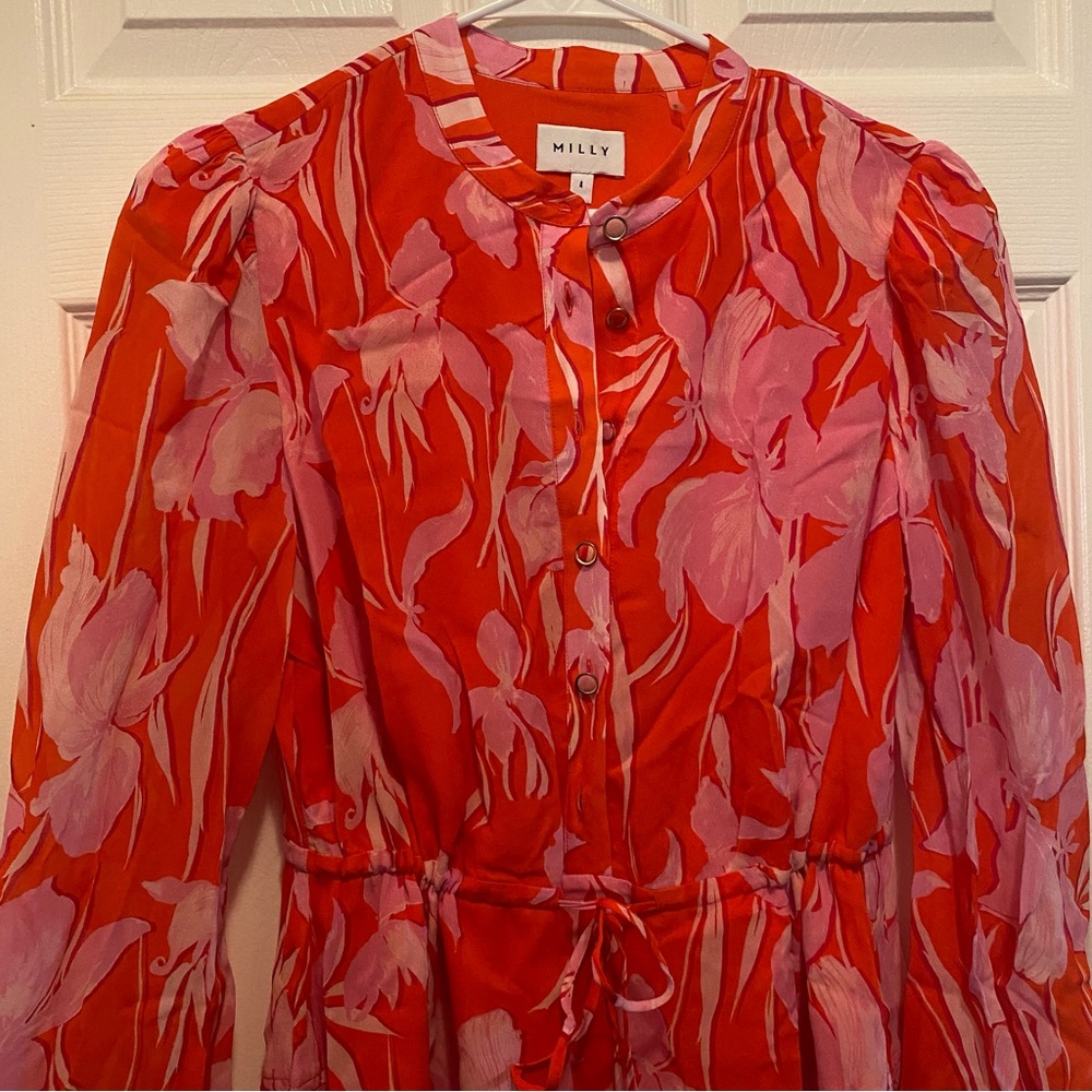 MILLY Reina Parrot Tulip Dress – Coral Multi / Red & Pink Floral Print - Picture 4 of 11